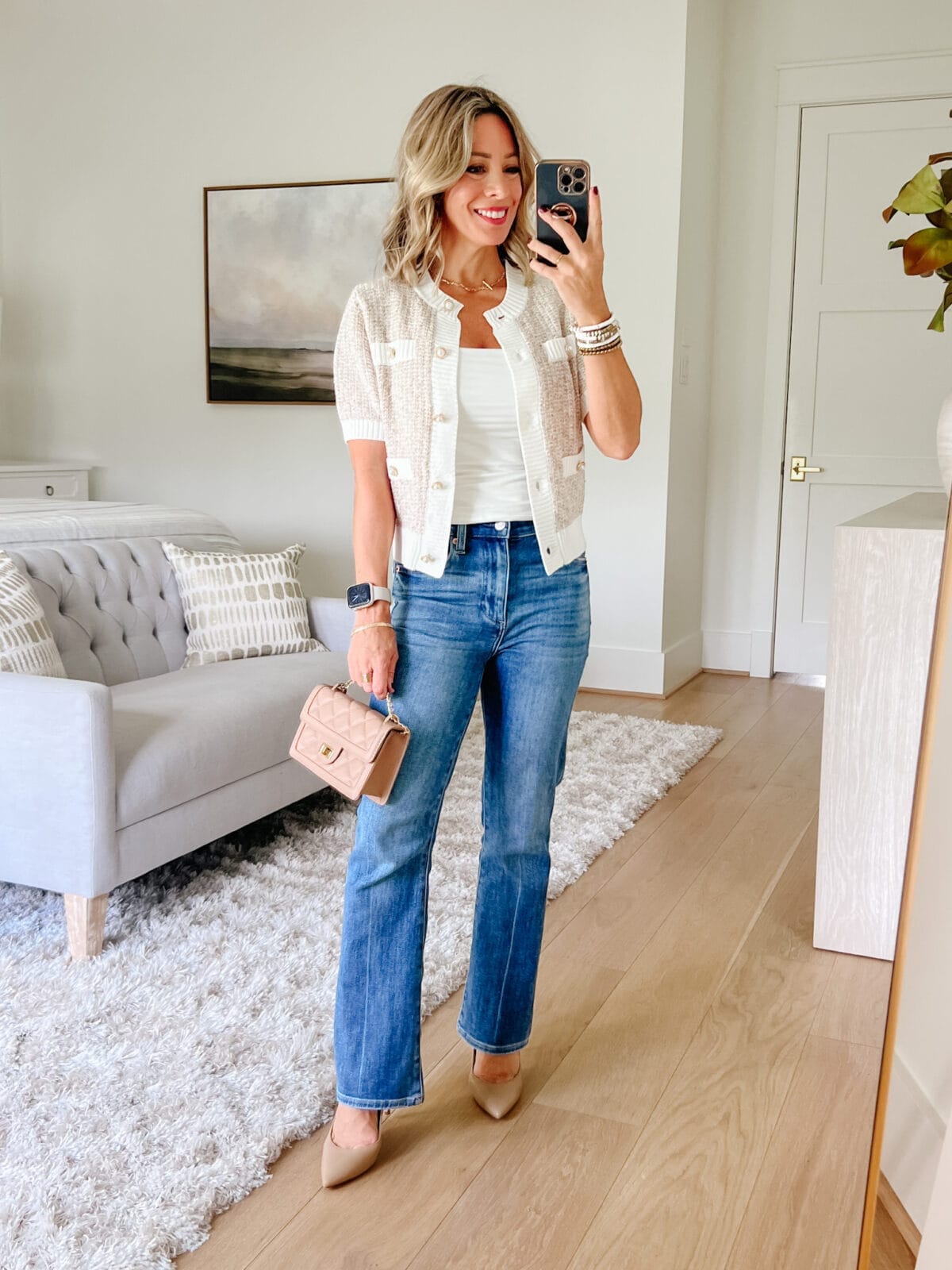 Short Sleeve Chanel Sweater,Pumiey Tank, Pistola Jeans, Hand Bag, Heels 