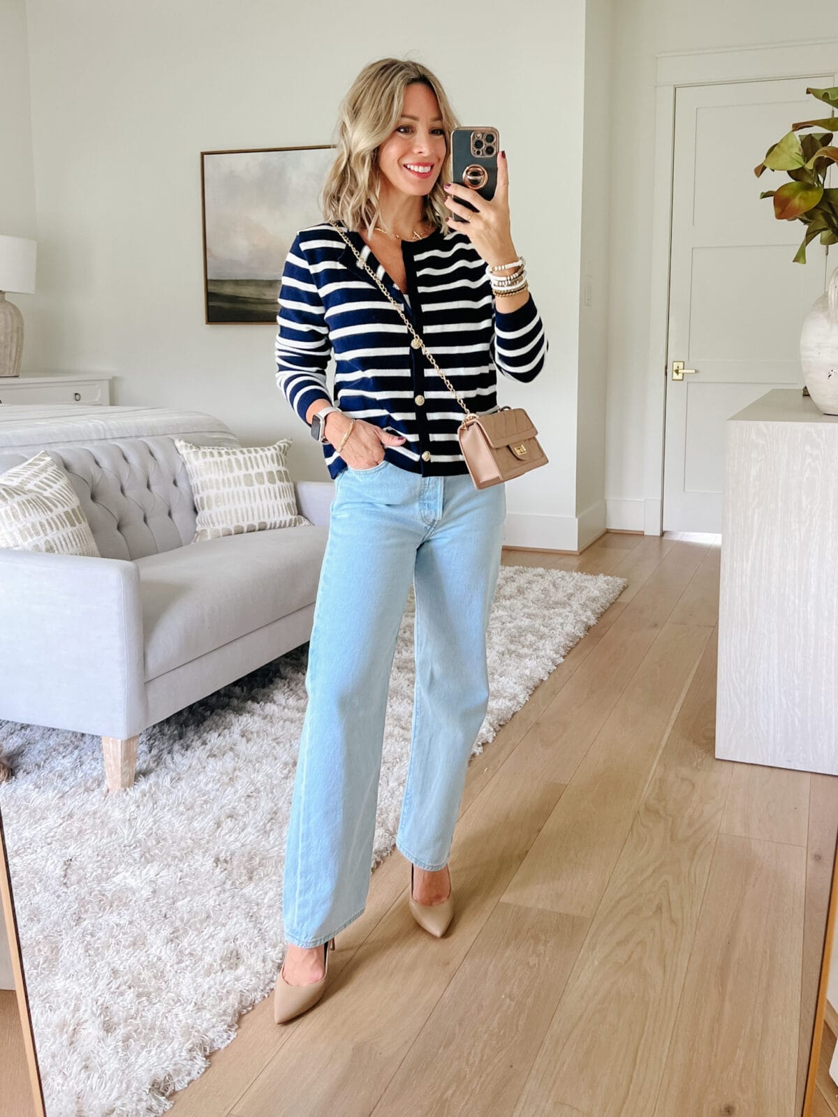 Navy & White Cardigan, Levi's jeans, heels, purse