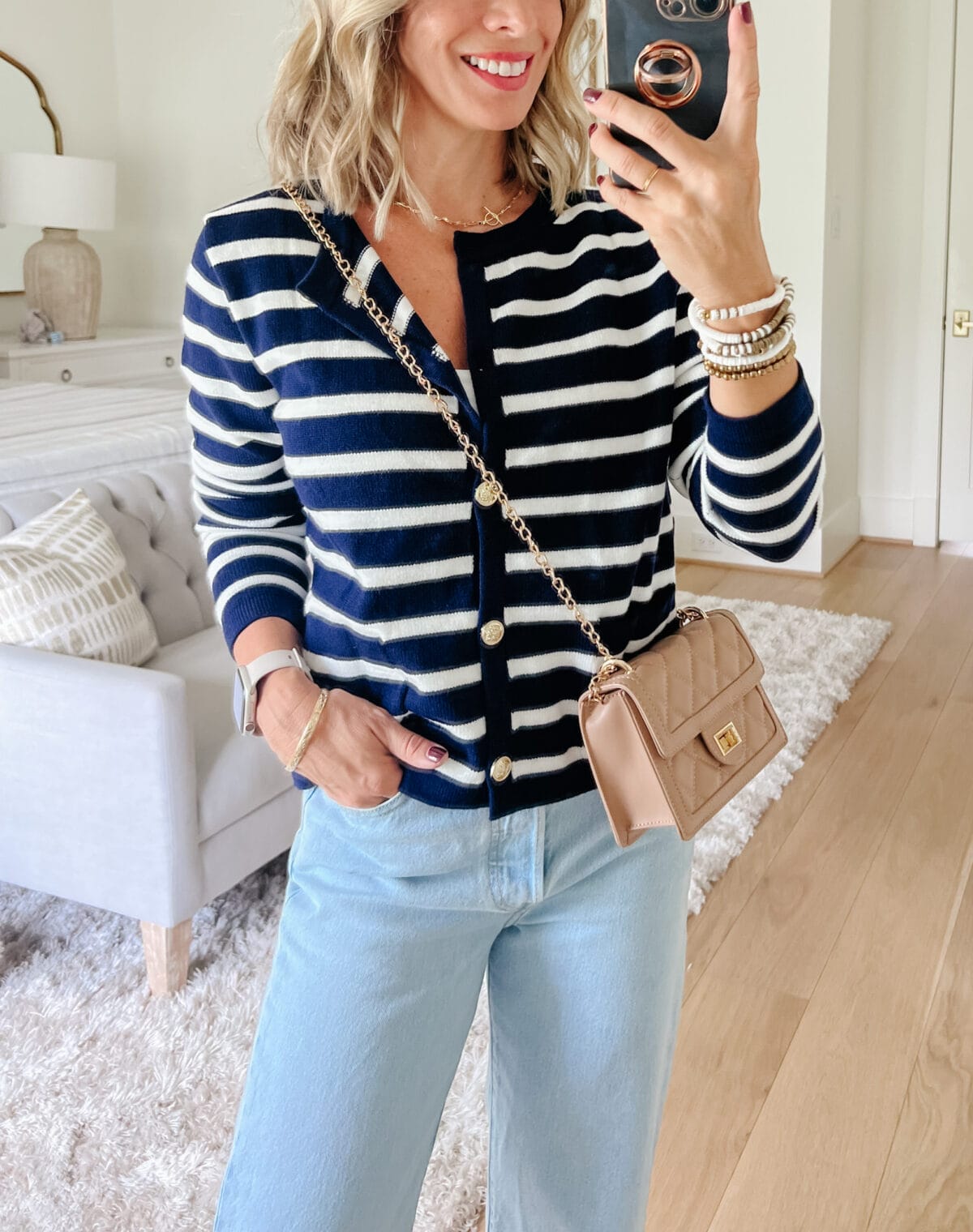 Navy & White Cardigan, Levi's jeans, heels, purse