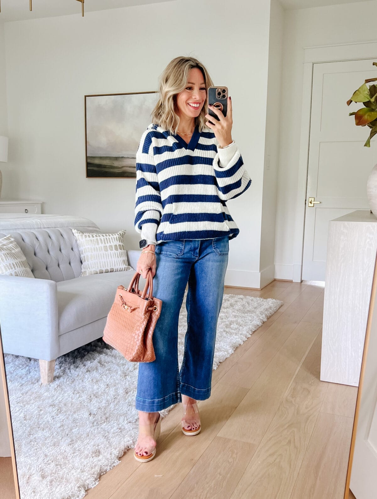 Hooded Striped Sweater, Anthro Magic Jeans, Amazon Sandals, and bag 