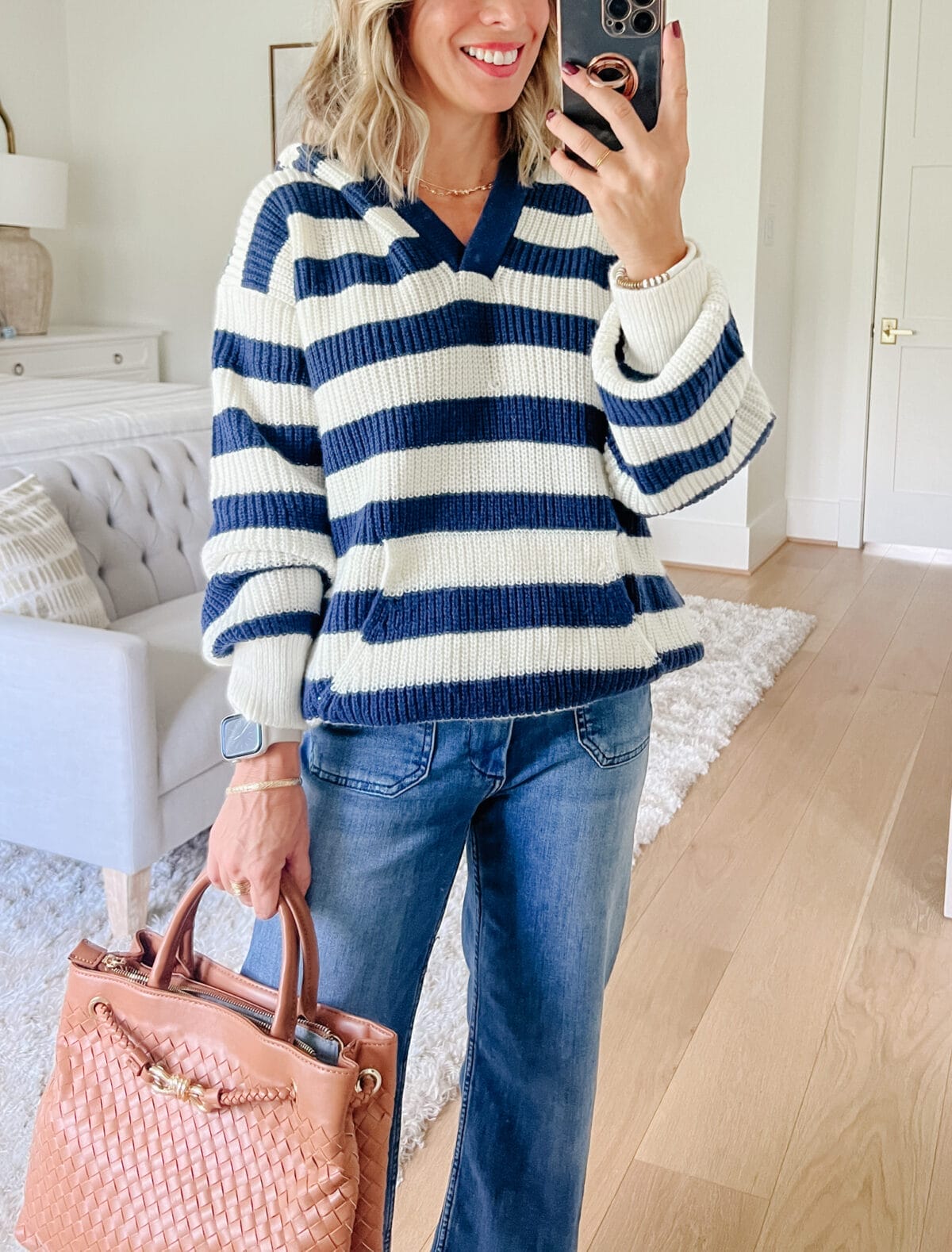 Hooded Striped Sweater, Anthro Magic Jeans, Amazon Sandals, and bag 