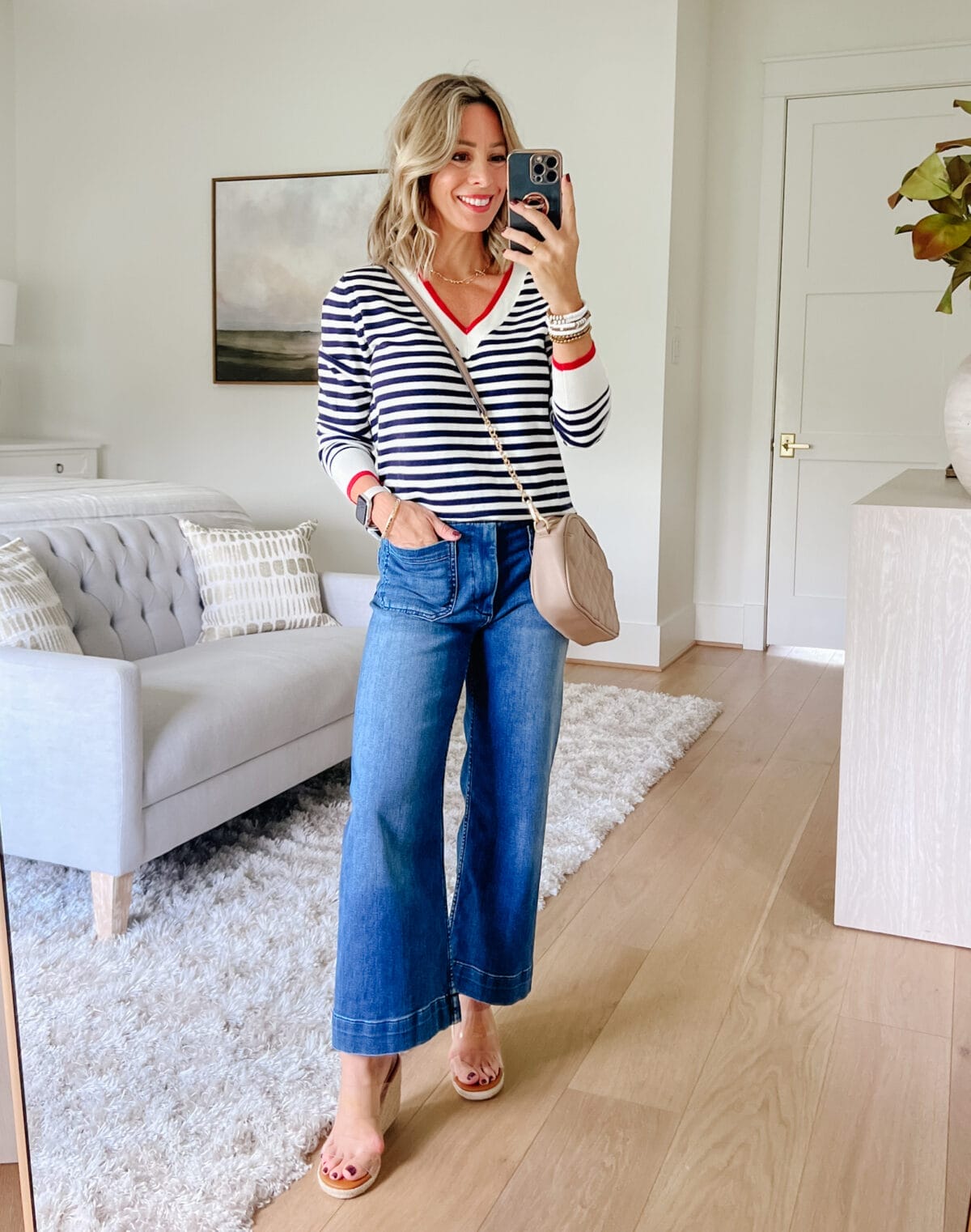 Striped V Neck Top, Magic Jeans, Amazon Sandals & Purse 