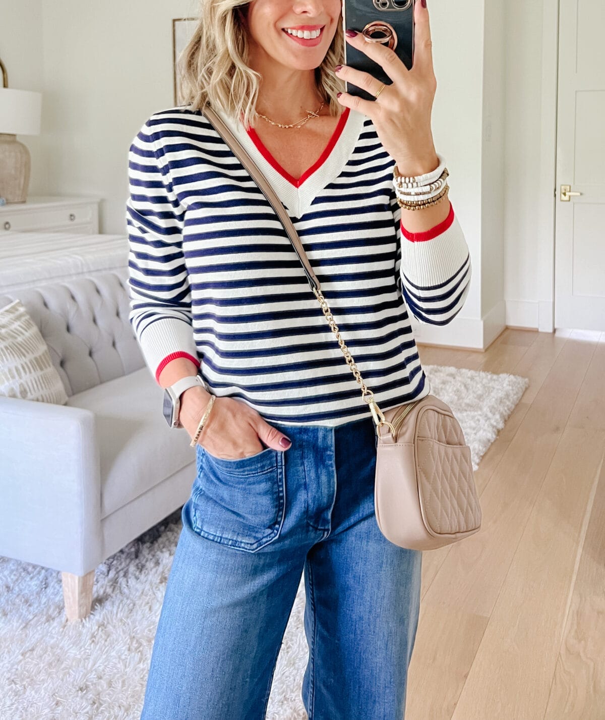 Striped V Neck Top, Magic Jeans, Amazon Sandals & Purse 