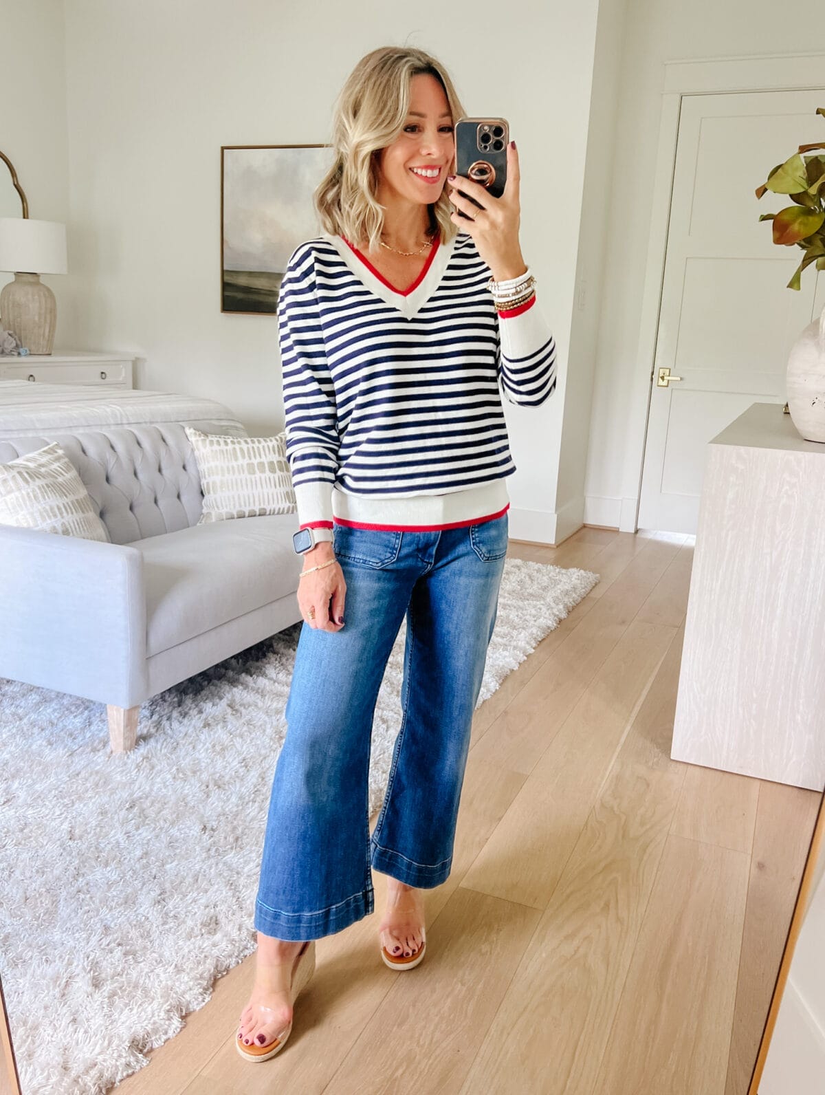 Striped V Neck Top, Magic Jeans, Amazon Sandals & Purse 